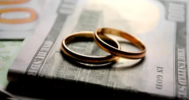 Divorce Finances and divorce tax questions represented by two staked rings on a $100 bill