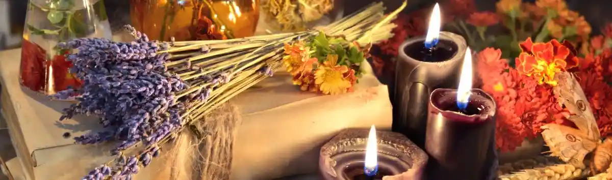 Picture of journal, candles, lavender used for ideas for divorce rituals